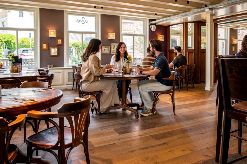 Drie gasten aan tafel in het sfeervolle interieur van Loetje aan de Amstel.