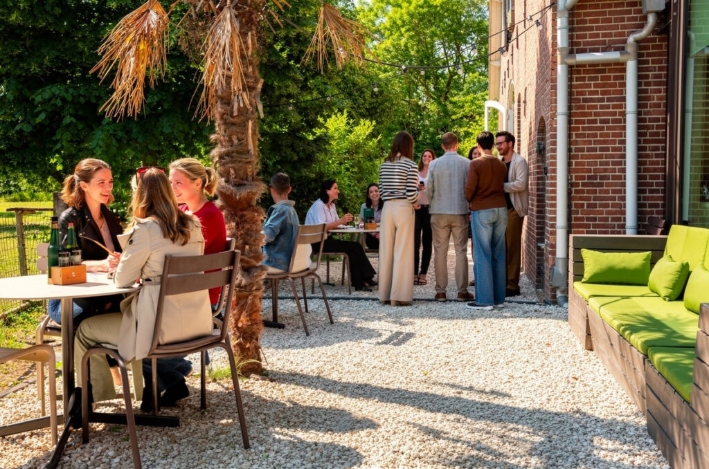 Gasten op het zonnige terras van Loetje Houten.